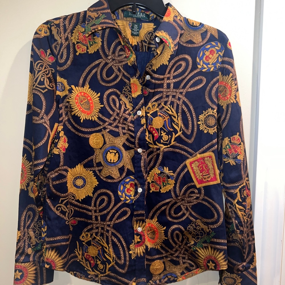 Ralph Lauren Button equestrian blouse dress shirt petite Medium